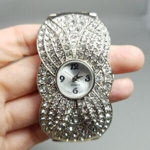 Vintage Rhinestone Encrusted Silver Tone Cuff Bangle Quartz Watch, AS IS